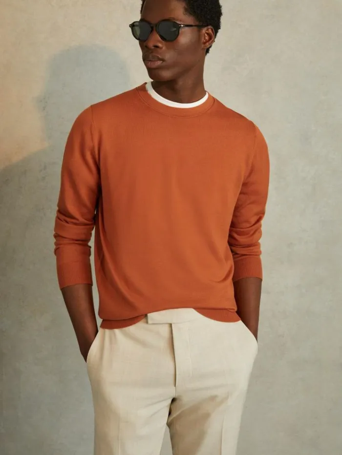 REISS Sweaters Men Merino Wool Crew Neck Jumper Hot Orange