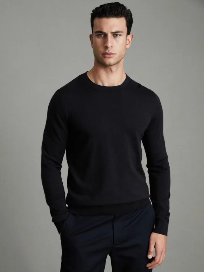 REISS Sweaters Men Merino Wool Crew Neck Jumper Navy