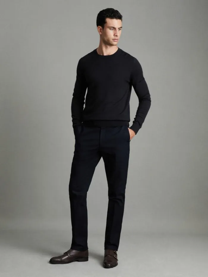 REISS Sweaters Men Merino Wool Crew Neck Jumper Navy