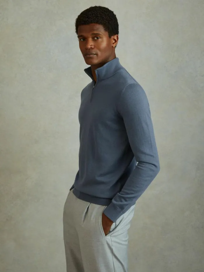 REISS Sweaters Men Merino Wool HalfZip Funnel Neck Jumper Airforce Blue
