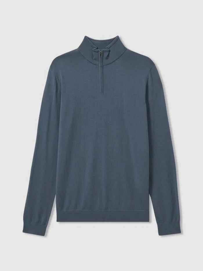 REISS Sweaters Men Merino Wool HalfZip Funnel Neck Jumper Airforce Blue