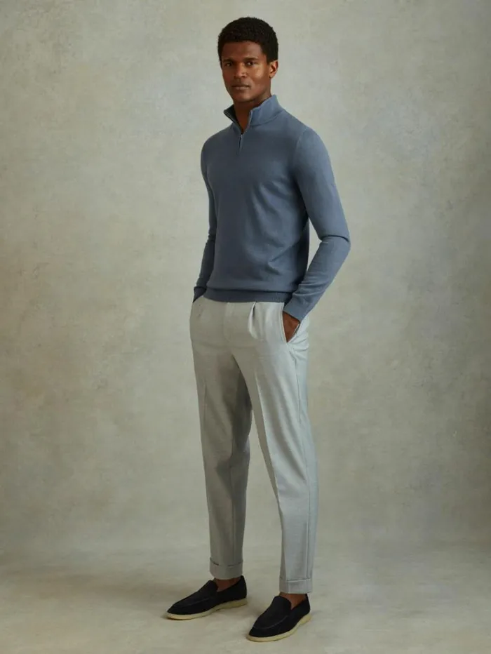 REISS Sweaters Men Merino Wool HalfZip Funnel Neck Jumper Airforce Blue