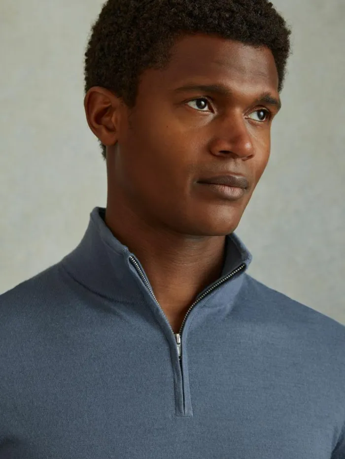 REISS Sweaters Men Merino Wool HalfZip Funnel Neck Jumper Airforce Blue