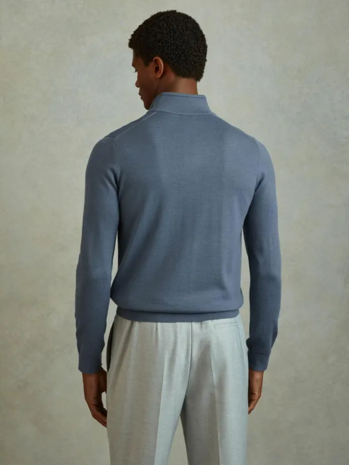 REISS Sweaters Men Merino Wool HalfZip Funnel Neck Jumper Airforce Blue