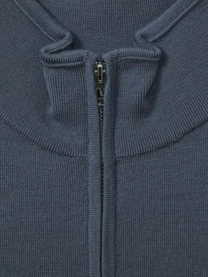 REISS Sweaters Men Merino Wool HalfZip Funnel Neck Jumper Airforce Blue