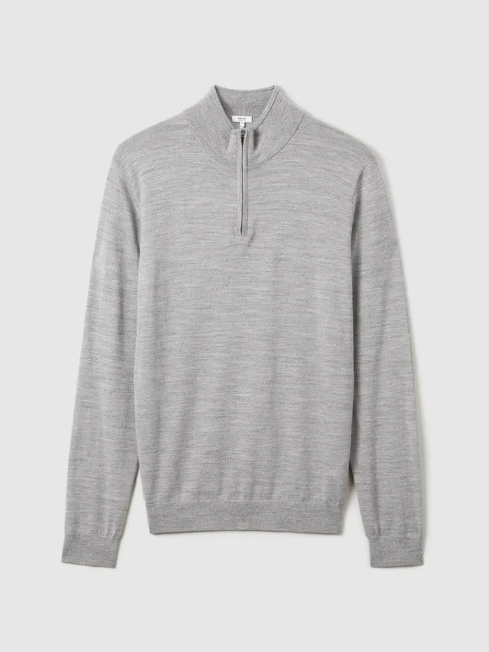 REISS Sweaters Men Merino Wool HalfZip Funnel Neck Jumper Soft Grey Mouline