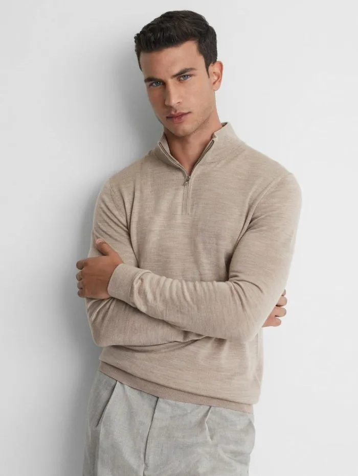 REISS Sweaters Men Merino Wool HalfZip Funnel Neck Jumper Wheat Melange