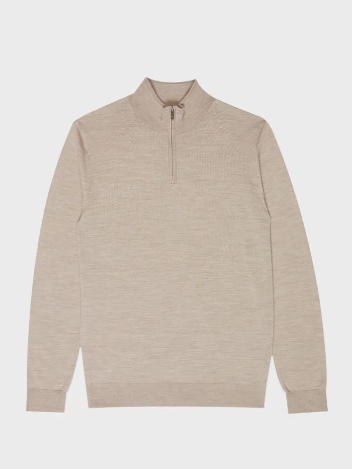 REISS Sweaters Men Merino Wool HalfZip Funnel Neck Jumper Wheat Melange