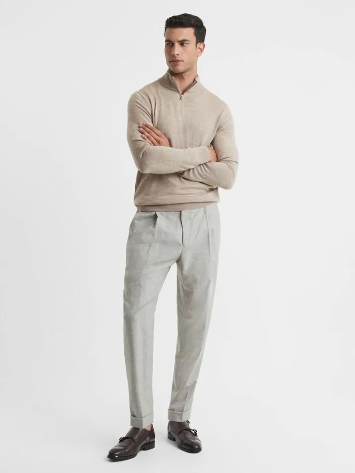 REISS Sweaters Men Merino Wool HalfZip Funnel Neck Jumper Wheat Melange