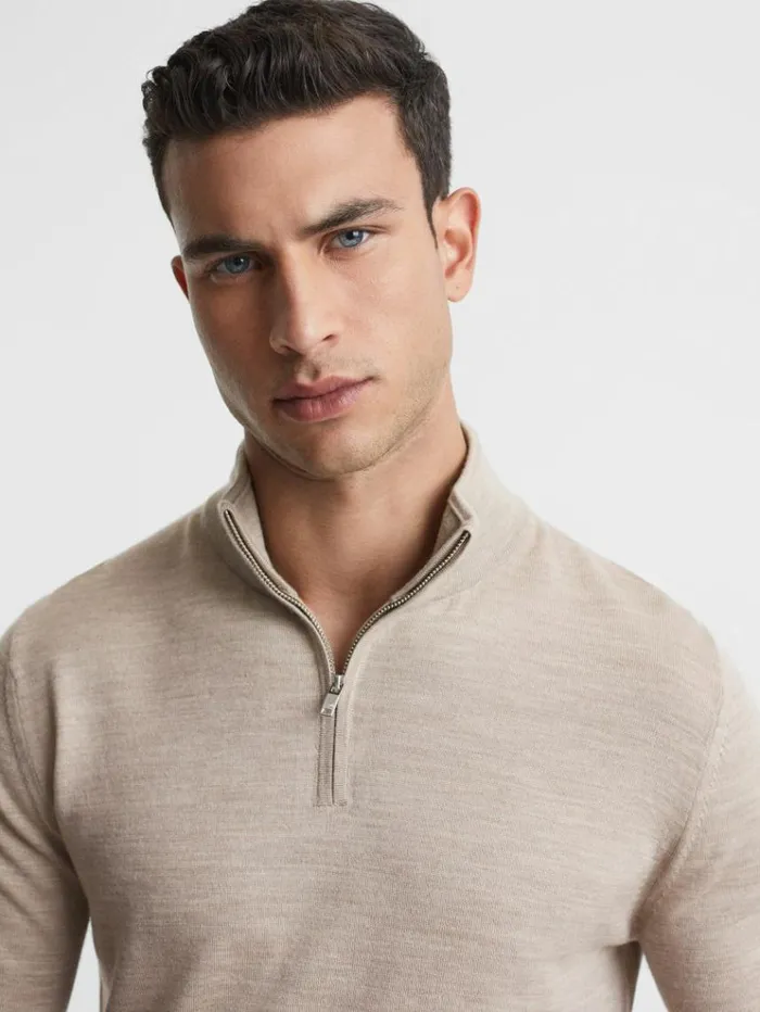 REISS Sweaters Men Merino Wool HalfZip Funnel Neck Jumper Wheat Melange