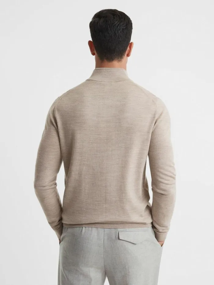 REISS Sweaters Men Merino Wool HalfZip Funnel Neck Jumper Wheat Melange