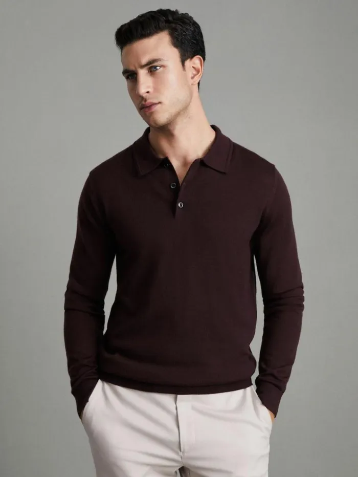 REISS Sweaters Men Merino Wool Polo Shirt Dark Bordeaux