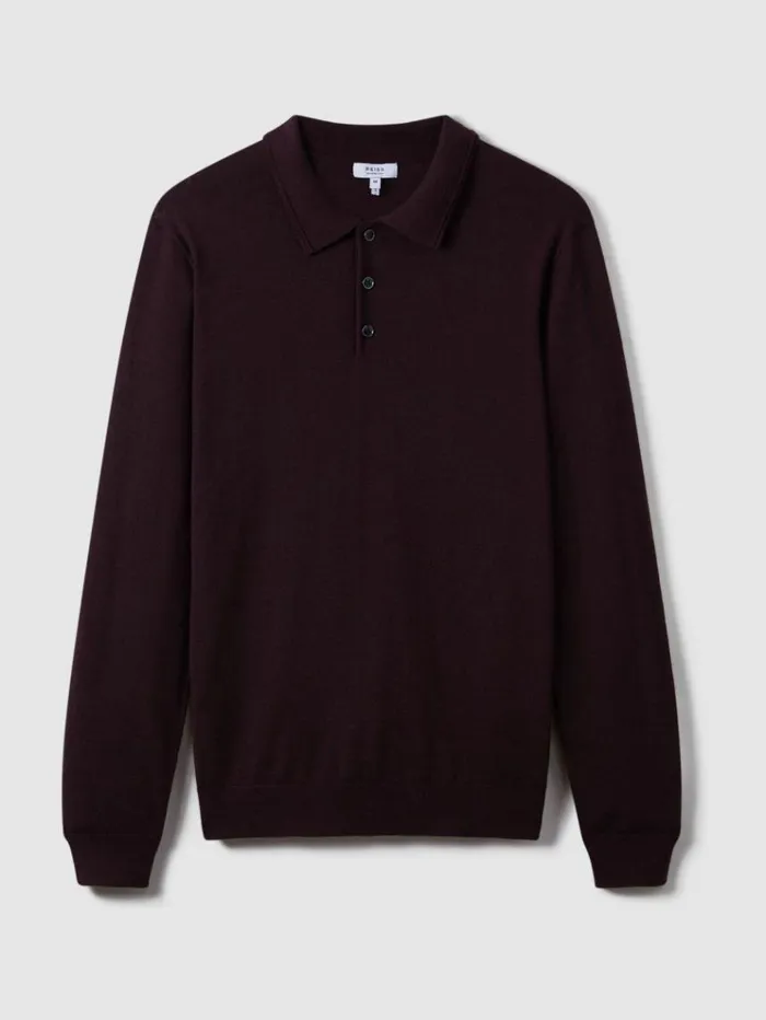REISS Sweaters Men Merino Wool Polo Shirt Dark Bordeaux
