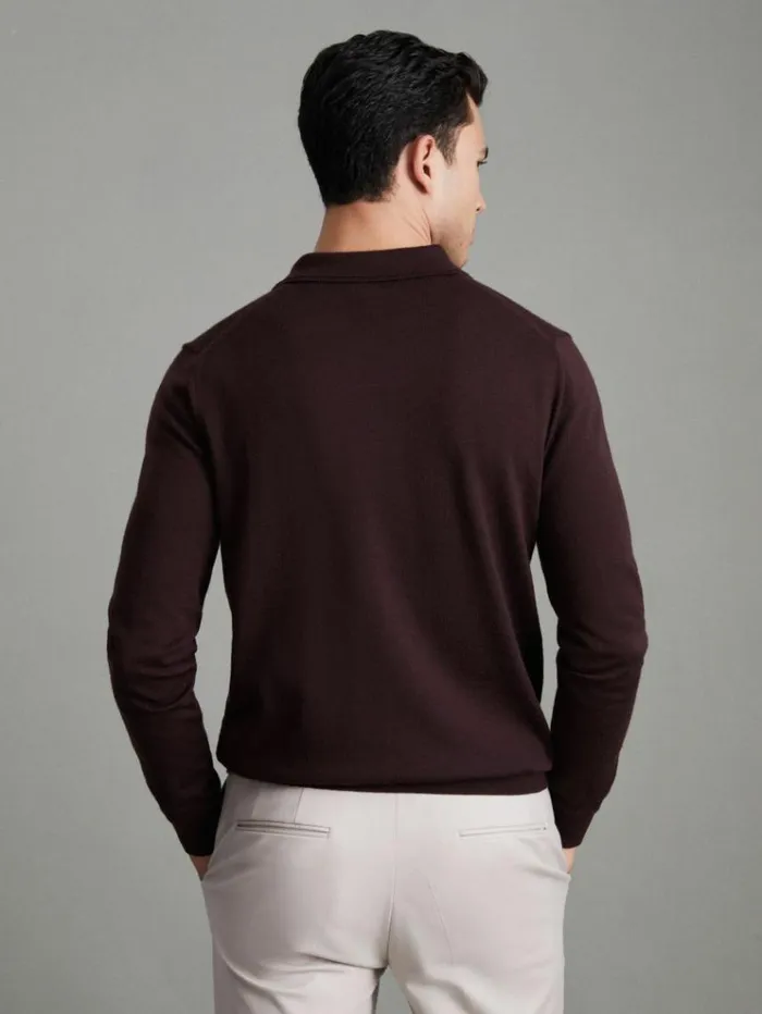 REISS Sweaters Men Merino Wool Polo Shirt Dark Bordeaux