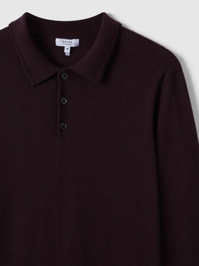 REISS Sweaters Men Merino Wool Polo Shirt Dark Bordeaux
