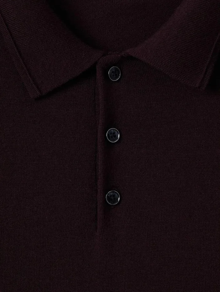 REISS Sweaters Men Merino Wool Polo Shirt Dark Bordeaux
