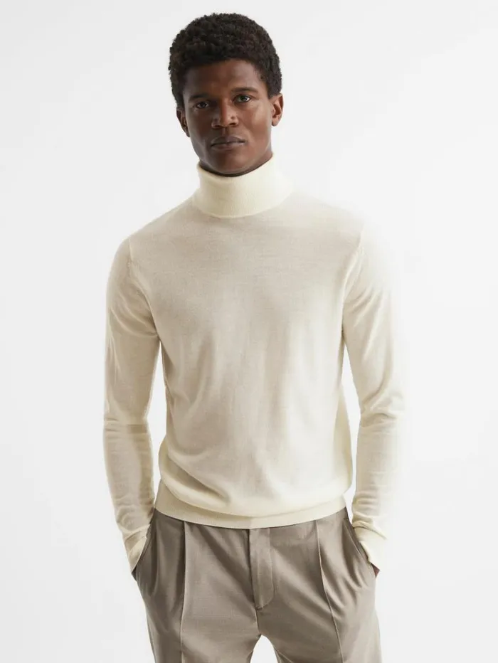 REISS Sweaters Men Slim Fit Merino Wool Roll Neck Jumper Bianco