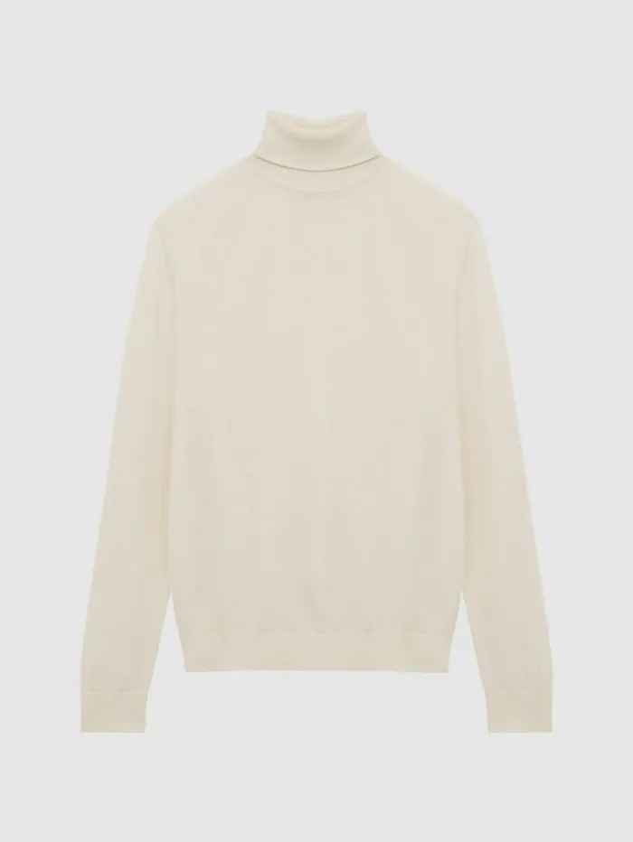 REISS Sweaters Men Slim Fit Merino Wool Roll Neck Jumper Bianco