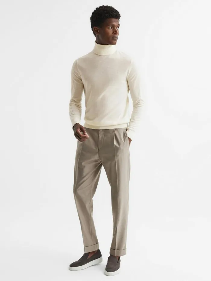 REISS Sweaters Men Slim Fit Merino Wool Roll Neck Jumper Bianco