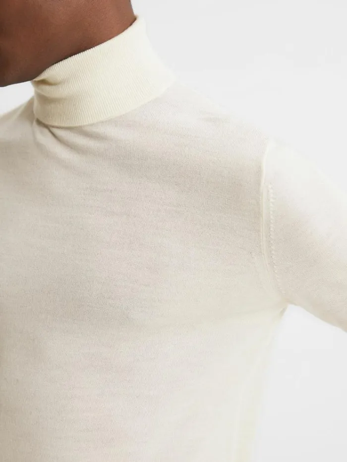 REISS Sweaters Men Slim Fit Merino Wool Roll Neck Jumper Bianco