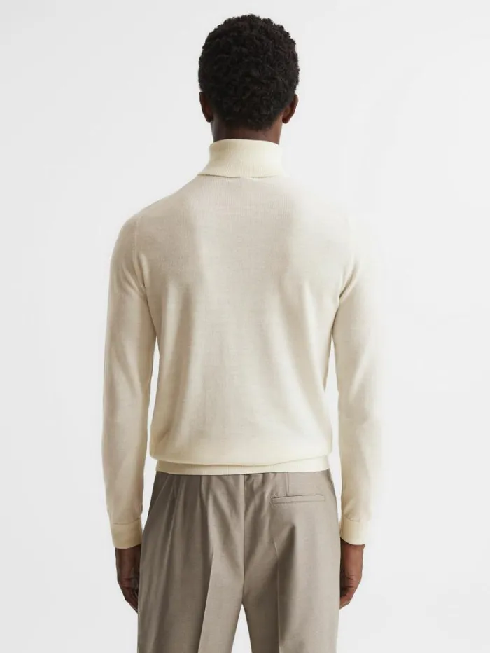 REISS Sweaters Men Slim Fit Merino Wool Roll Neck Jumper Bianco