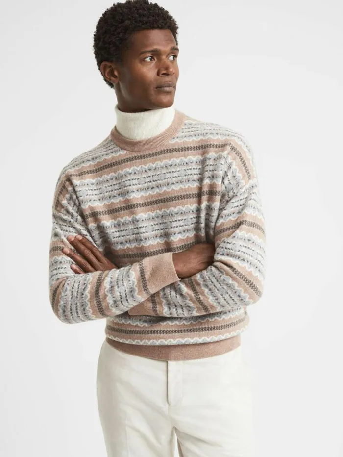 REISS Sweaters Men Wool Fairisle Crew Neck Jumper Camel