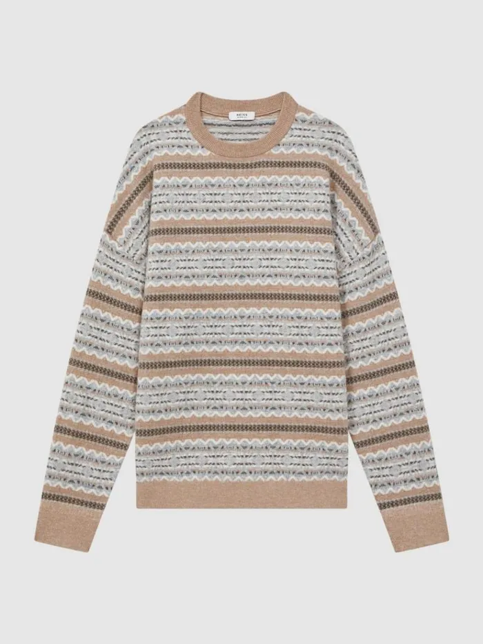 REISS Sweaters Men Wool Fairisle Crew Neck Jumper Camel