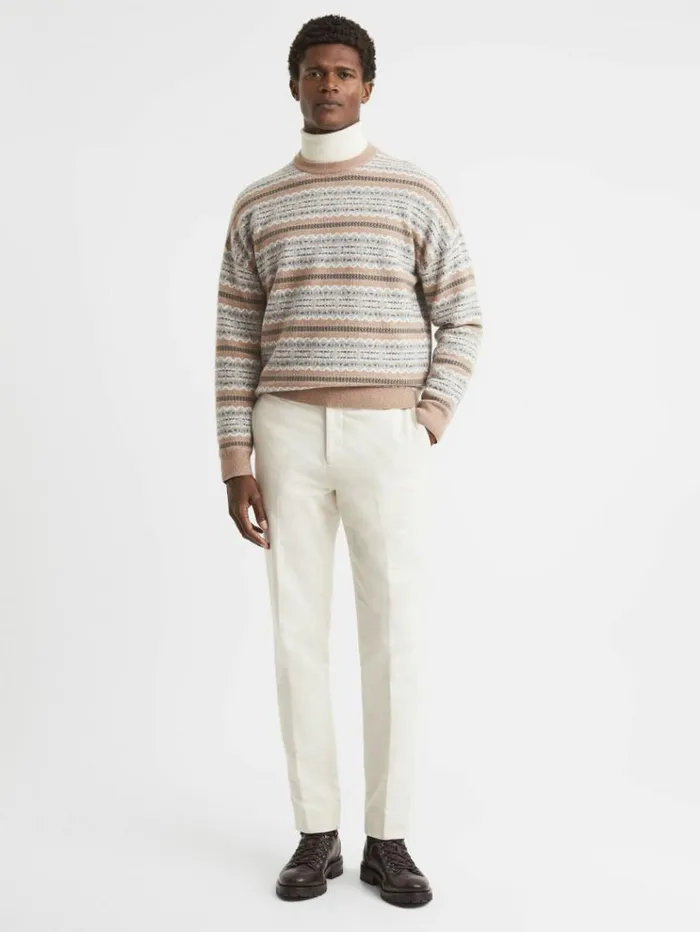 REISS Sweaters Men Wool Fairisle Crew Neck Jumper Camel
