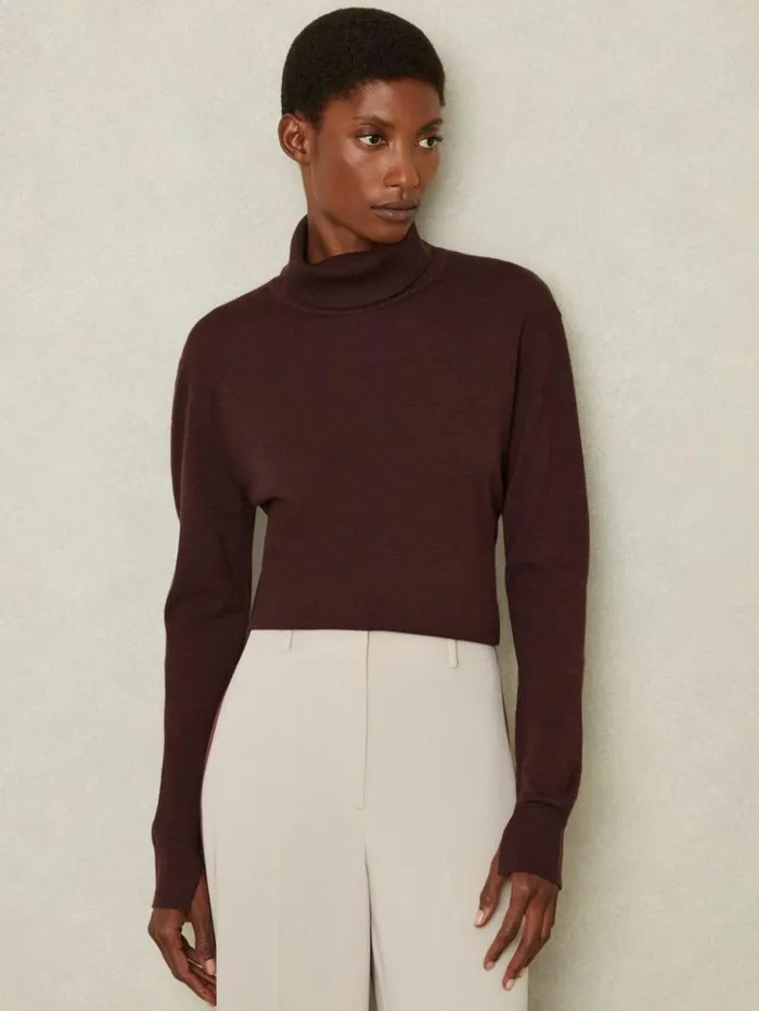 REISS Sweaters Women Merino Wool Roll Neck Jumper Burgundy