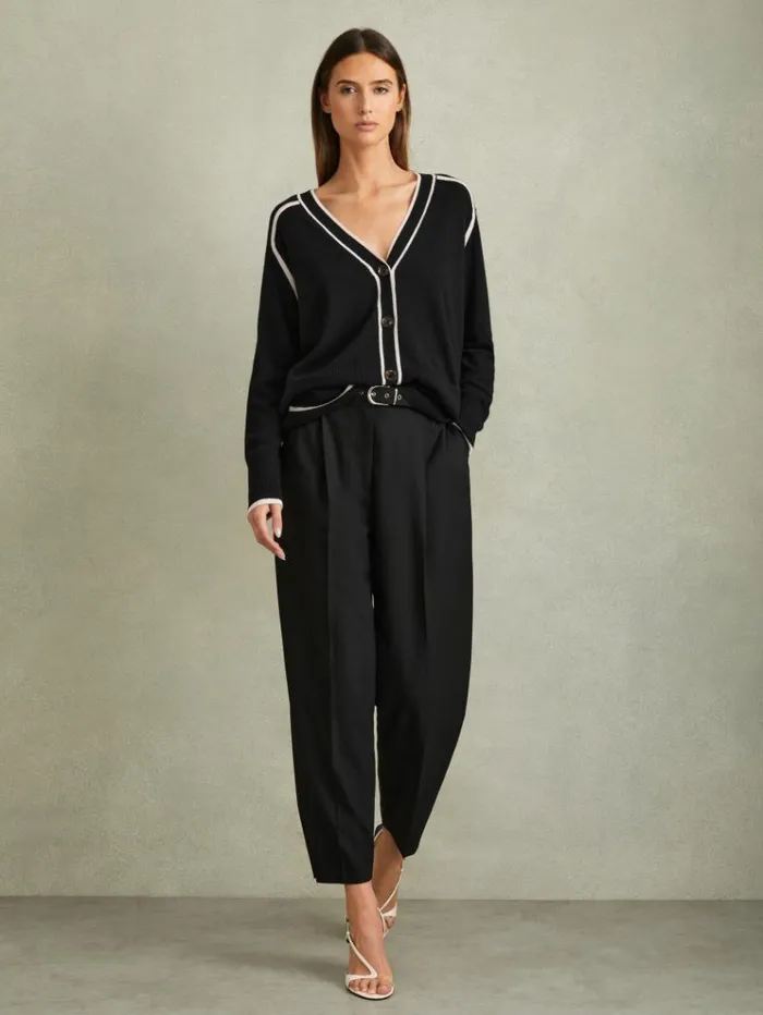 REISS Sweaters Women Wool Blend Contrast Tipped Cardigan With Cashmere Blackstone REISS Sweaters Women Wool Blend Contrast Tipped Cardigan With Cashmere Blackstone
