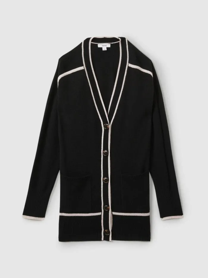 REISS Sweaters Women Wool Blend Contrast Tipped Cardigan With Cashmere Blackstone