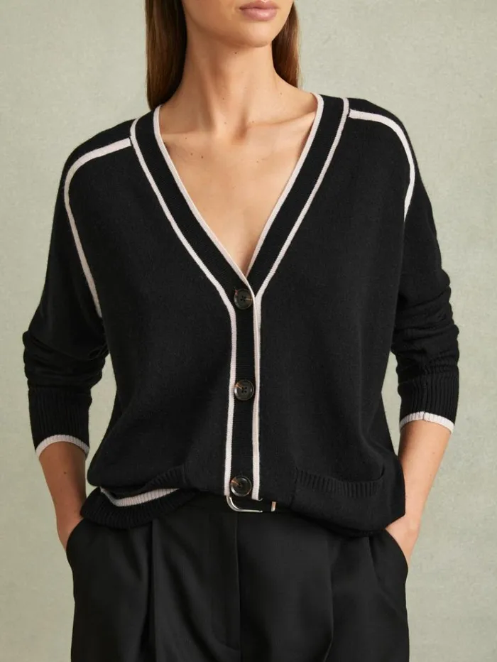 REISS Sweaters Women Wool Blend Contrast Tipped Cardigan With Cashmere Blackstone
