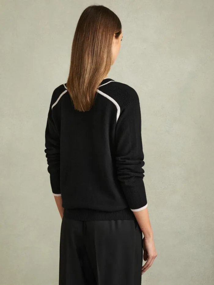 REISS Sweaters Women Wool Blend Contrast Tipped Cardigan With Cashmere Blackstone