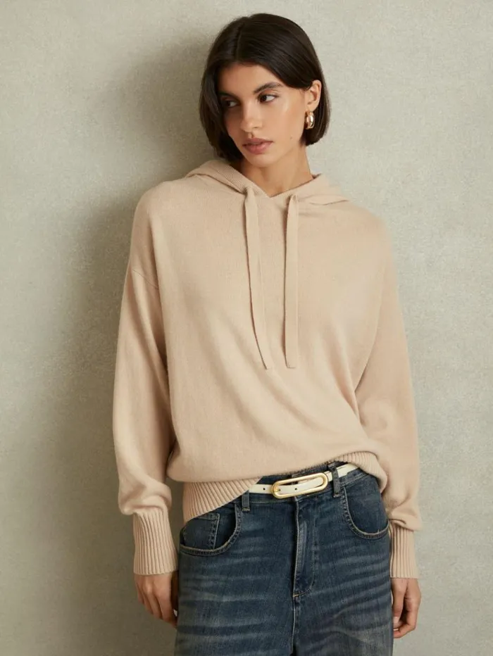 REISS Sweaters Women Wool Blend Drawstring Hoodie With Cashmere Nude