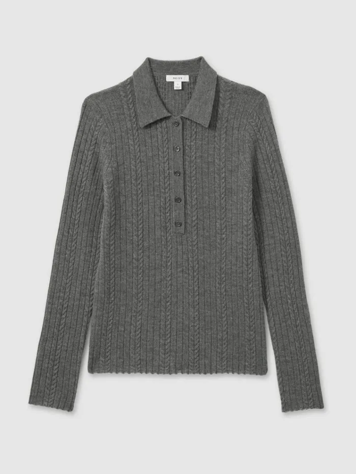 REISS Sweaters Women Wool Cable Knit Polo Neck Jumper Charcoal