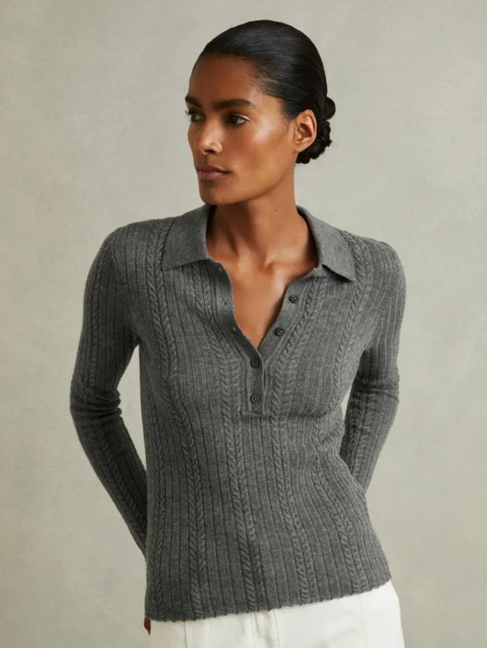 REISS Sweaters Women Wool Cable Knit Polo Neck Jumper Charcoal