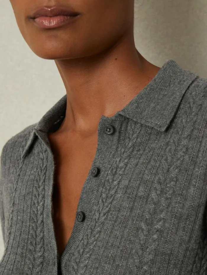 REISS Sweaters Women Wool Cable Knit Polo Neck Jumper Charcoal