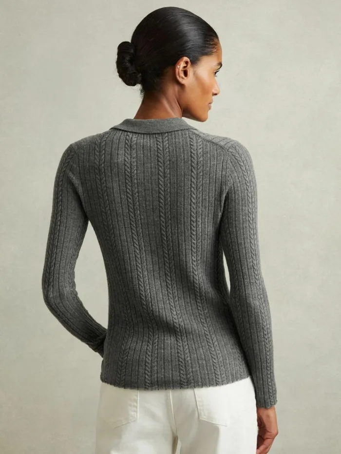 REISS Sweaters Women Wool Cable Knit Polo Neck Jumper Charcoal