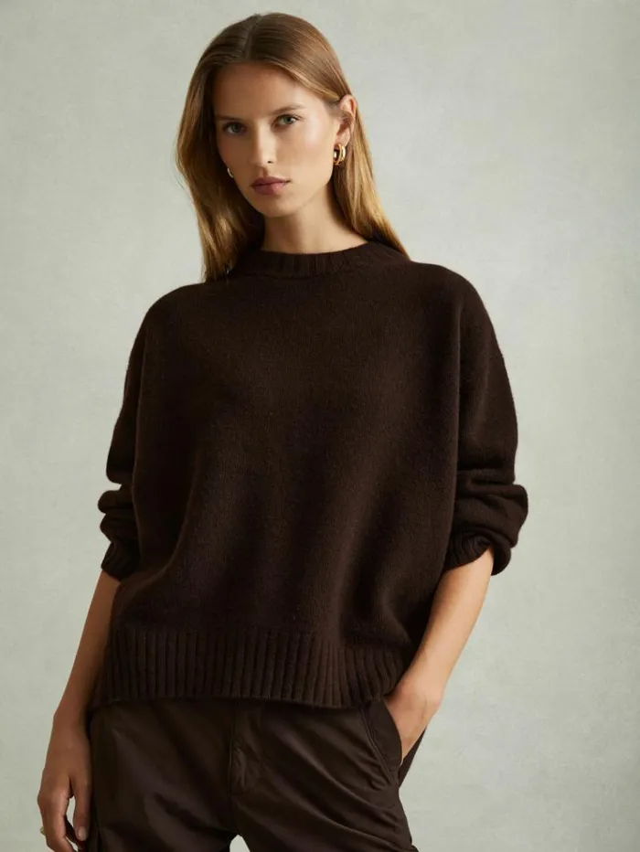 REISS Sweaters Women WoolCashmere Crew Neck Jumper Chocolate
