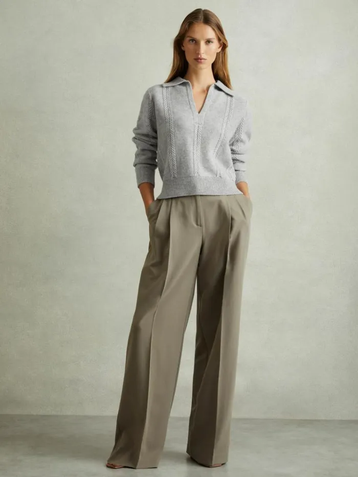 REISS Sweaters Women WoolCashmere Cropped OpenCollar Jumper Grey Marl