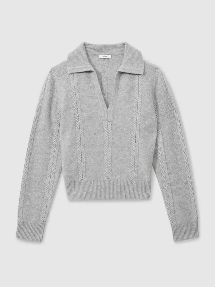 REISS Sweaters Women WoolCashmere Cropped OpenCollar Jumper Grey Marl