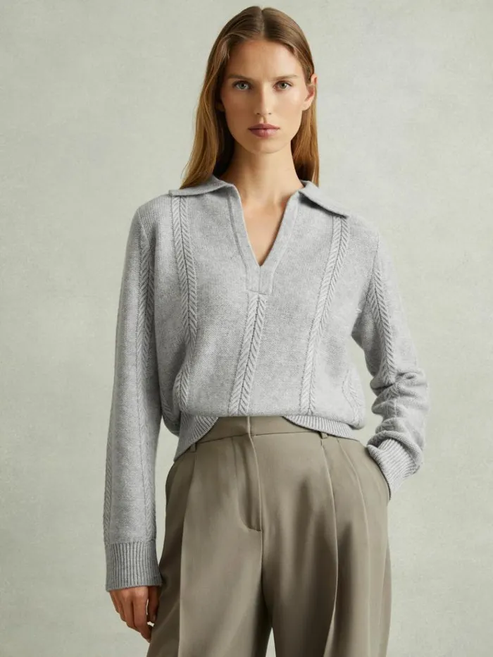REISS Sweaters Women WoolCashmere Cropped OpenCollar Jumper Grey Marl