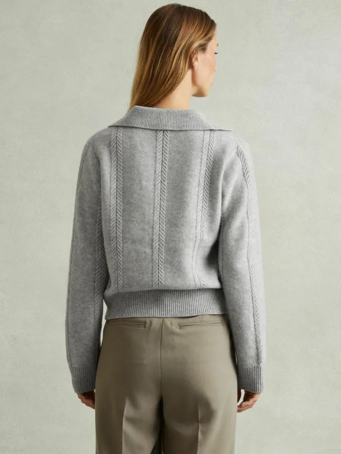 REISS Sweaters Women WoolCashmere Cropped OpenCollar Jumper Grey Marl