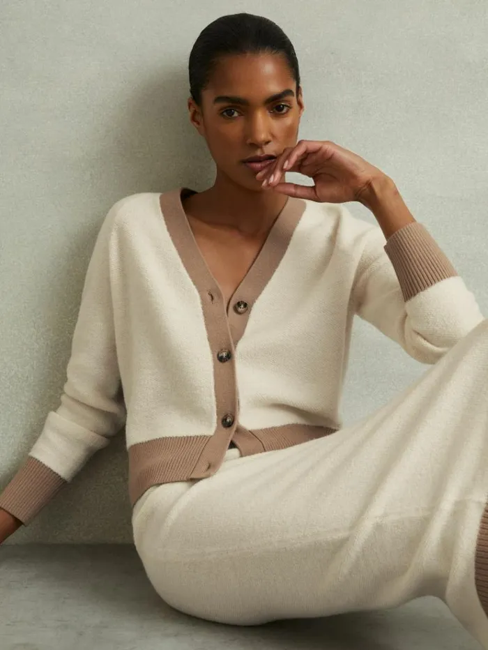 REISS Sweaters Women Wool Colourblock Cardigan Creamcamel