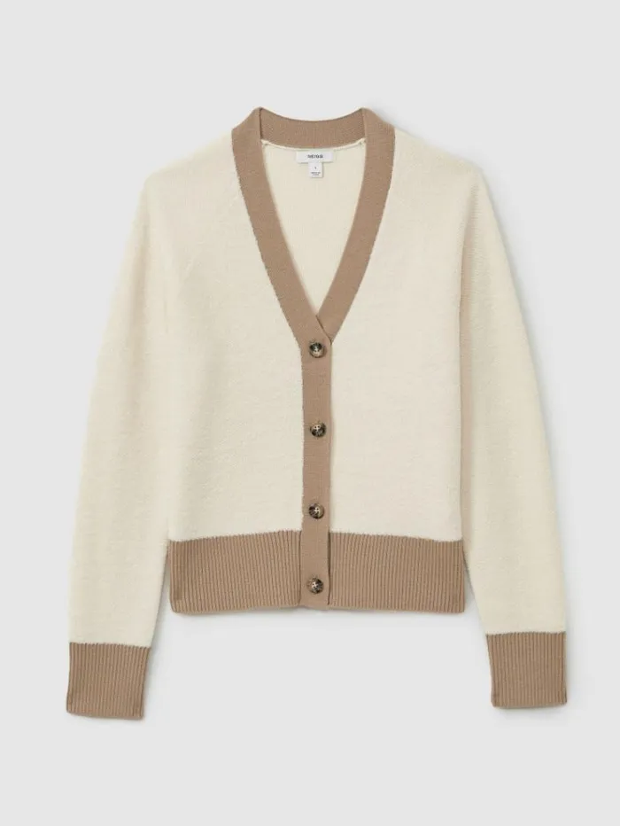 REISS Sweaters Women Wool Colourblock Cardigan Creamcamel
