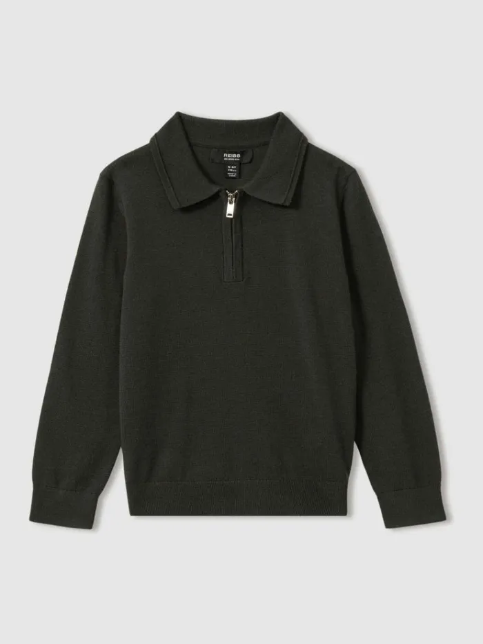 REISS Sweats and Hoodies Children Merino Wool Zip Neck Polo Shirt Green