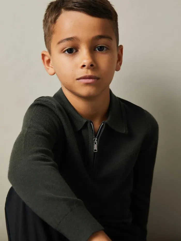 REISS Sweats and Hoodies Children Merino Wool Zip Neck Polo Shirt Green