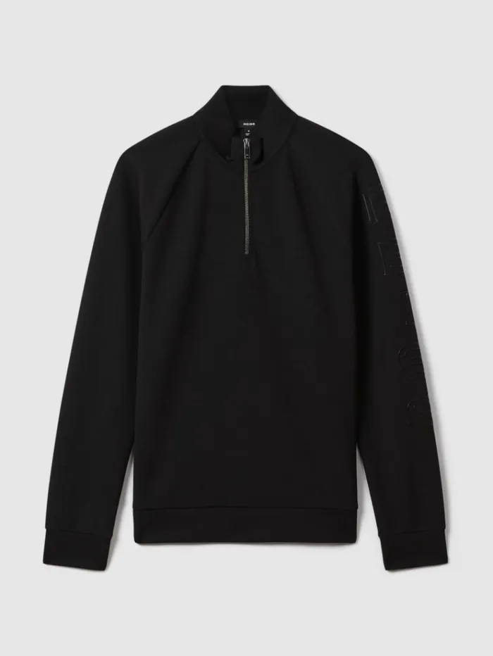 REISS Sweats Hoodies and Joggers Men Interlock Jersey HalfZip Funnel Neck Sweatshirt Black