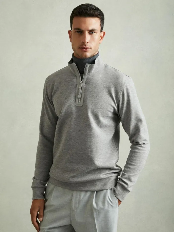 REISS Sweats Hoodies and Joggers Men Leather Placket Interlock Jersey Sweatshirt Grey Melange
