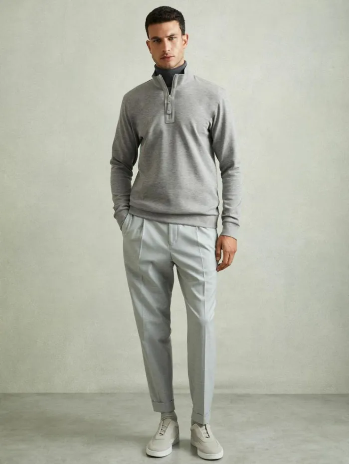 REISS Sweats Hoodies and Joggers Men Leather Placket Interlock Jersey Sweatshirt Grey Melange